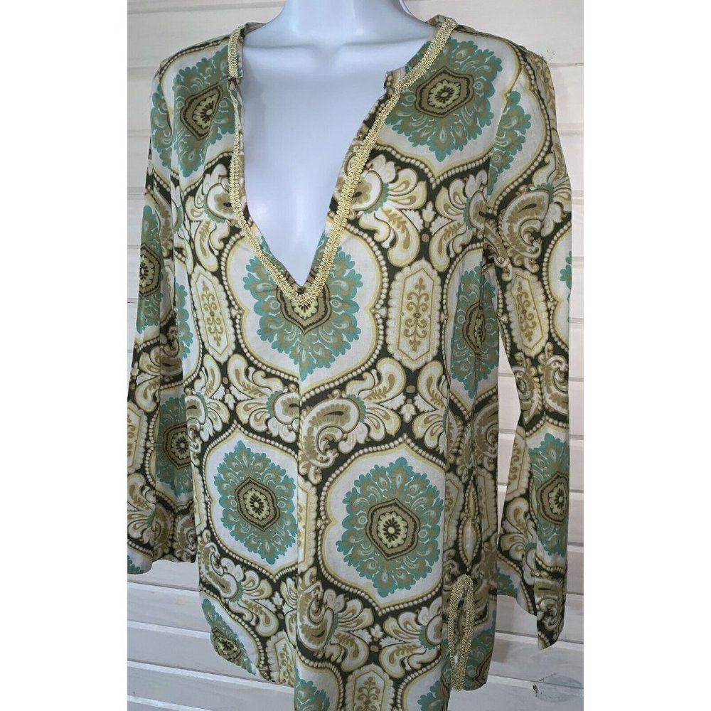 Tommy Bahama Sz SMALL Mandala Khaki Green 100% Cotton Tunic Long Sleeve VGUC - Picture 1 of 9